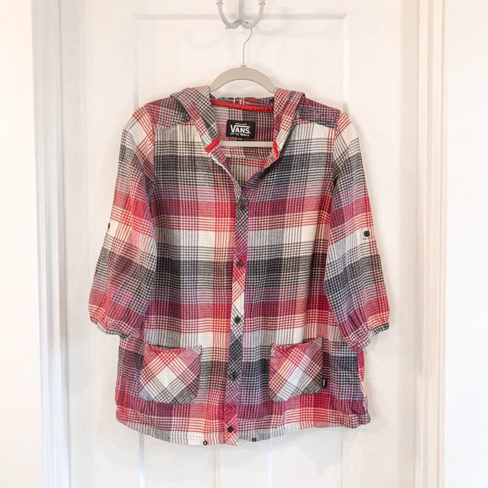 Vans Button Down Plaid Flannel Hooded Top Medium